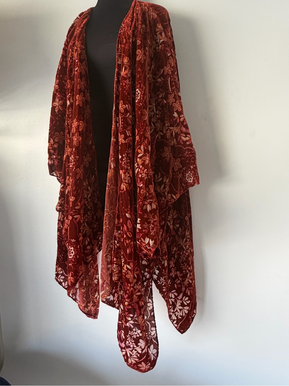 Torrid Autumnal Draped Floral Kimono Velvet Rust Burnout Duster 1 SZ Boho Chic
